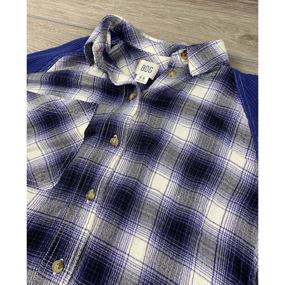 BDG Womens Button Up Plaid Waffle Knit Sleeve Blue M